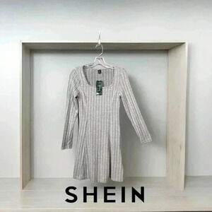 SHEIN, Ribbed Striped Skater Dress With Long Sleeves, Medium / US 6, Grey